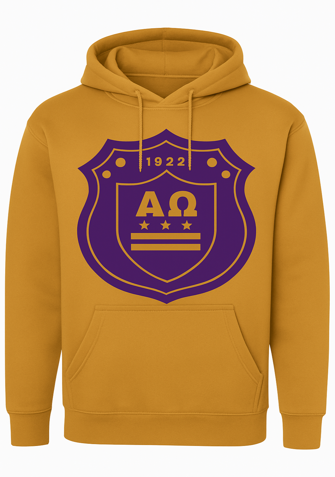 Yellow hoodie with a purple crest and '1922' text on a white background