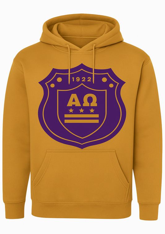 Yellow hoodie with a purple crest and '1922' text on a white background